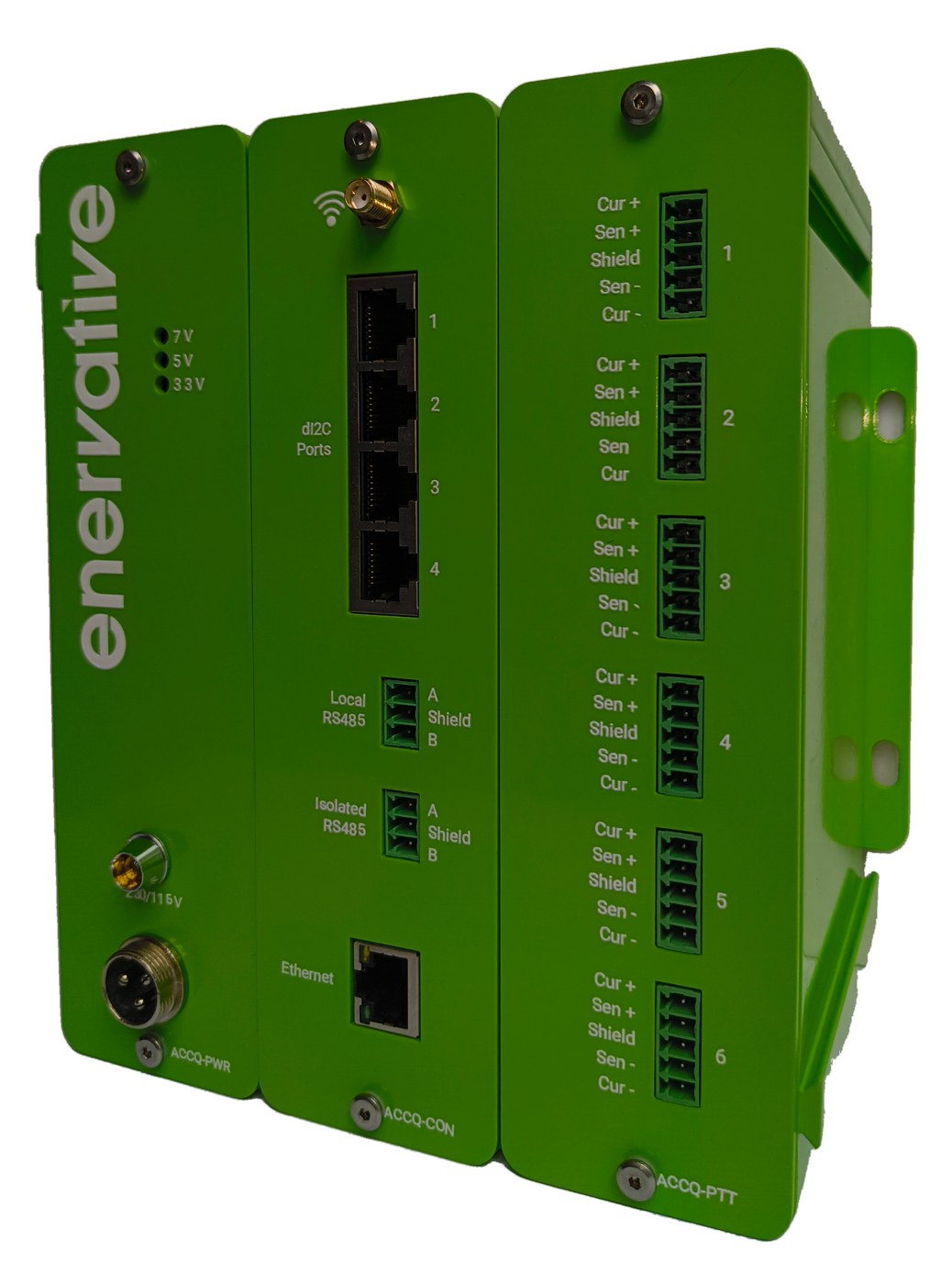 AccQ unit showing the PWR, CON and PTT module faces and mounting bracket